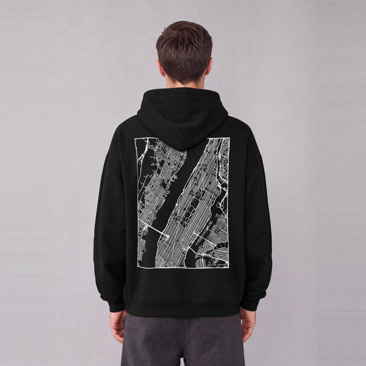 New York map hoodie, back print on model - Black