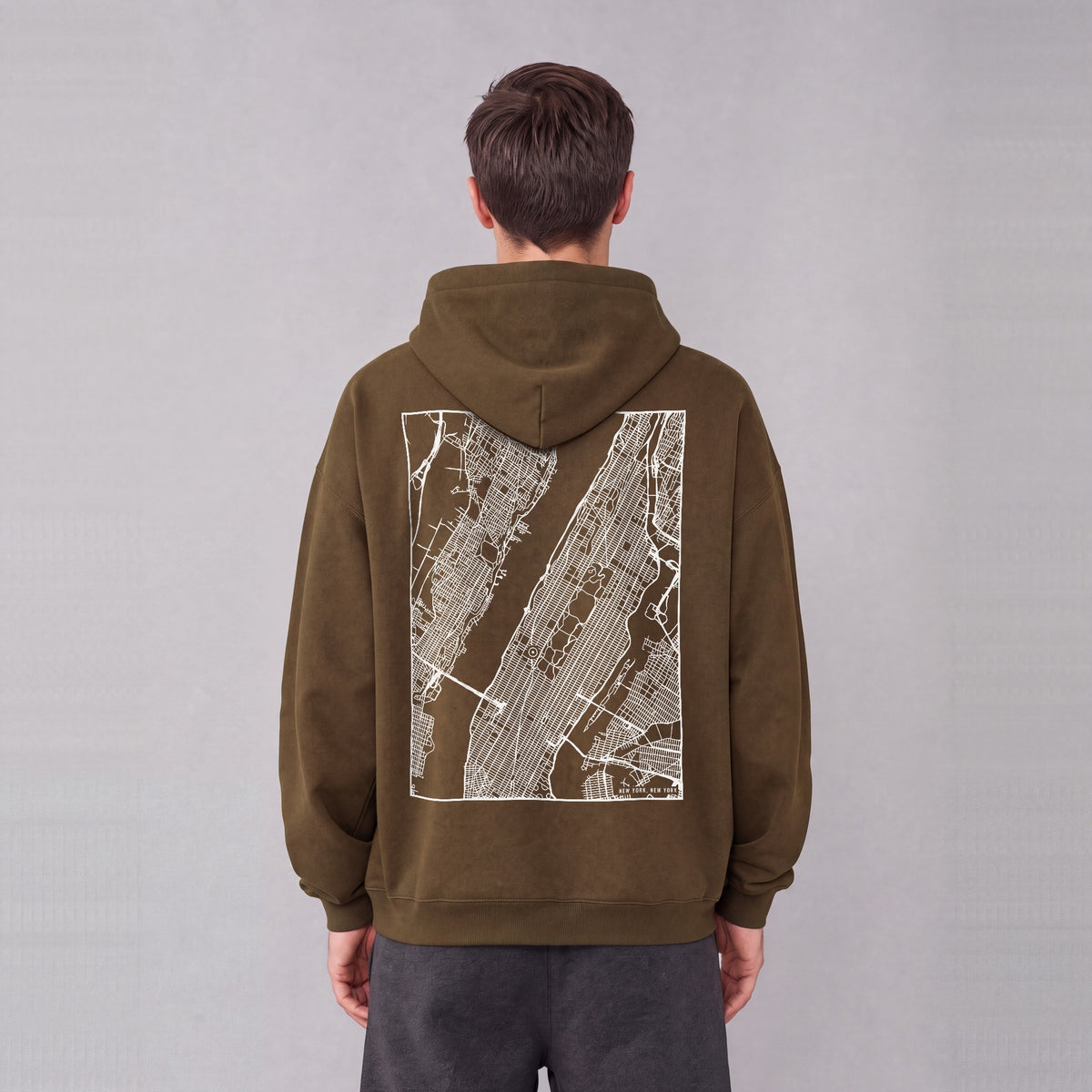 New York map hoodie, back print on model - Coffee