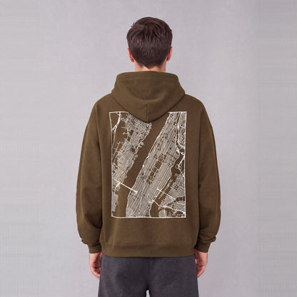 New York map hoodie, back print on model - Coffee