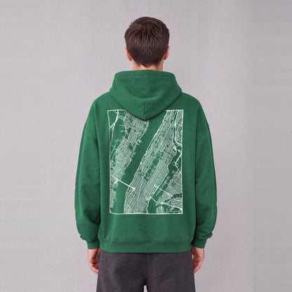 New York map hoodie, back print on model - Eden Green
