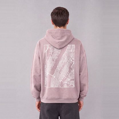 New York map hoodie, back print on model - Mauve