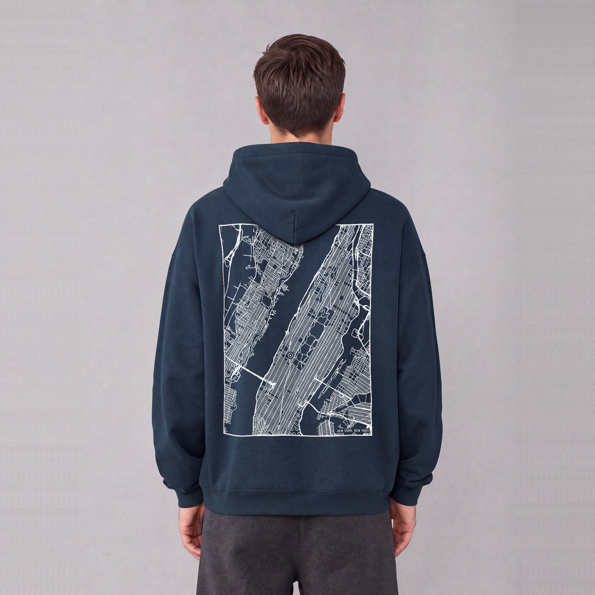 New York map hoodie, back print on model - Navy Blue
