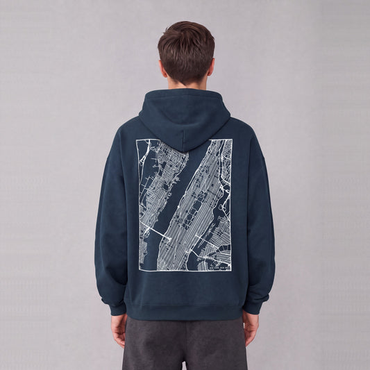 New York map hoodie, back print on model - Navy Blue