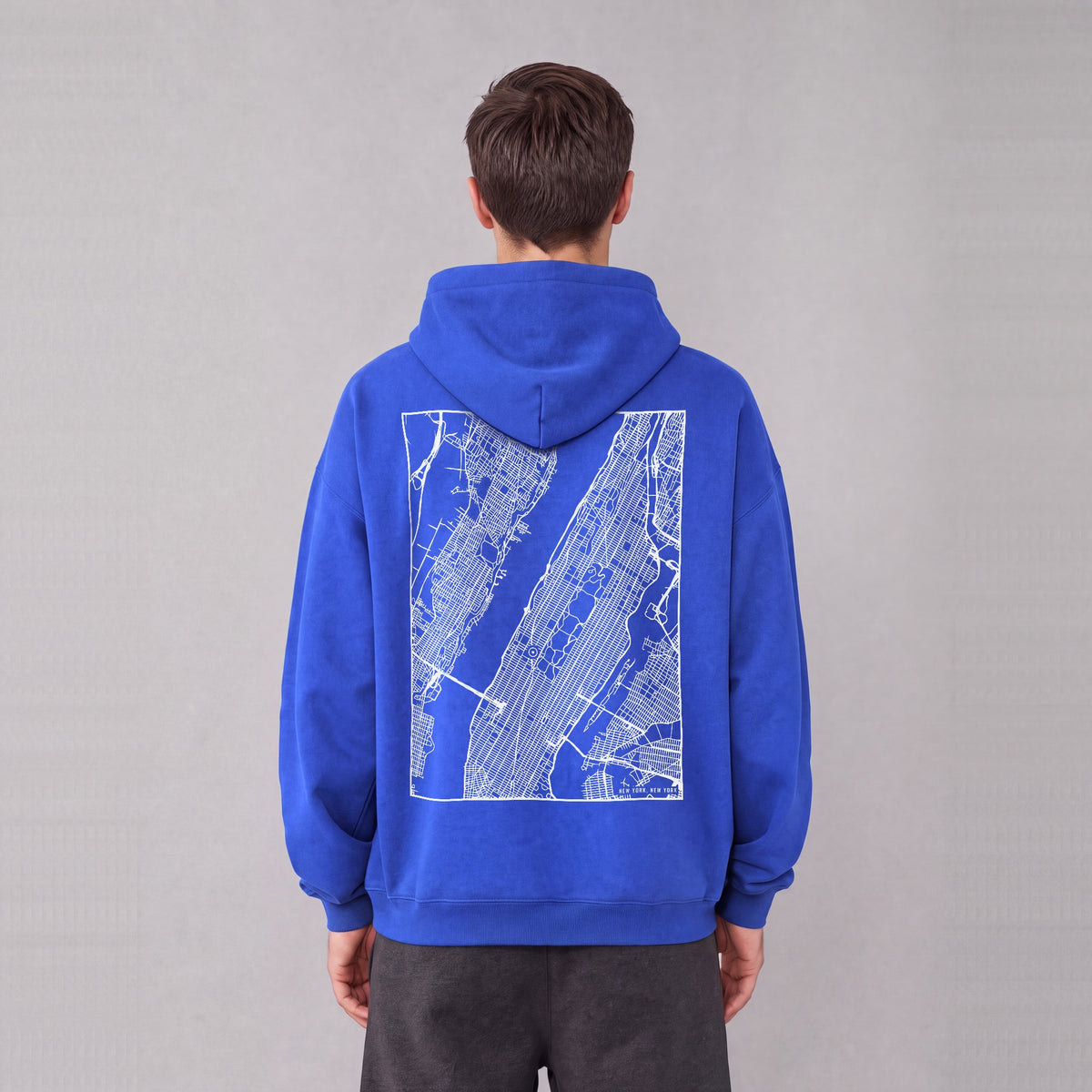New York map hoodie, back print on model - Royal Blue