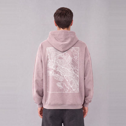 Oakland map hoodie, back print on model - Mauve