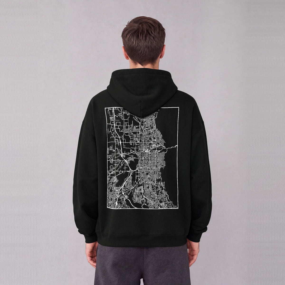 Ogden map hoodie, back print on model - Black