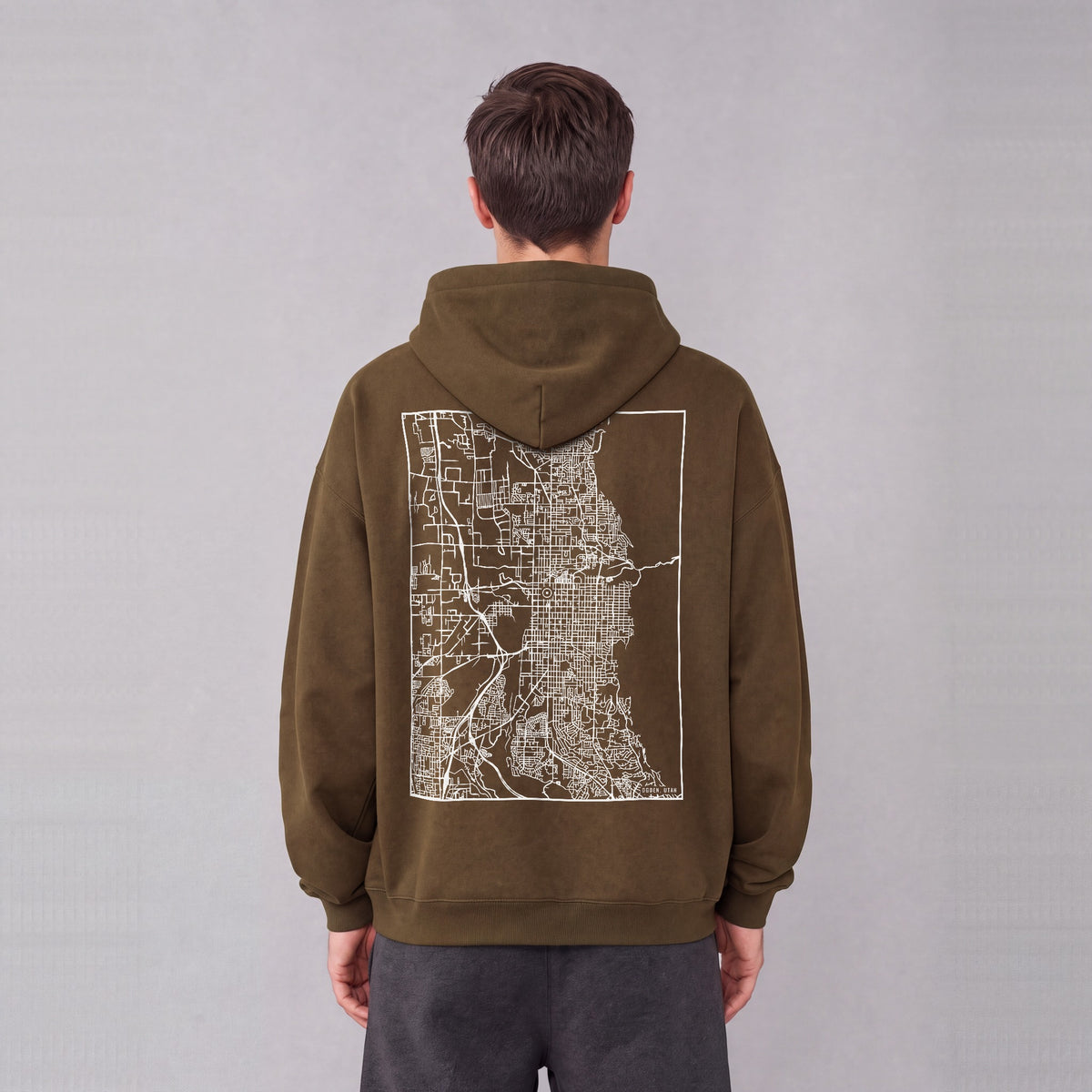 Ogden map hoodie, back print on model - Coffee