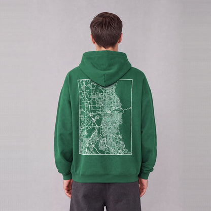 Ogden map hoodie, back print on model - Eden Green