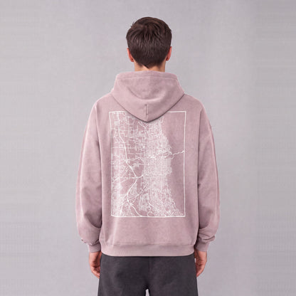 Ogden map hoodie, back print on model - Mauve