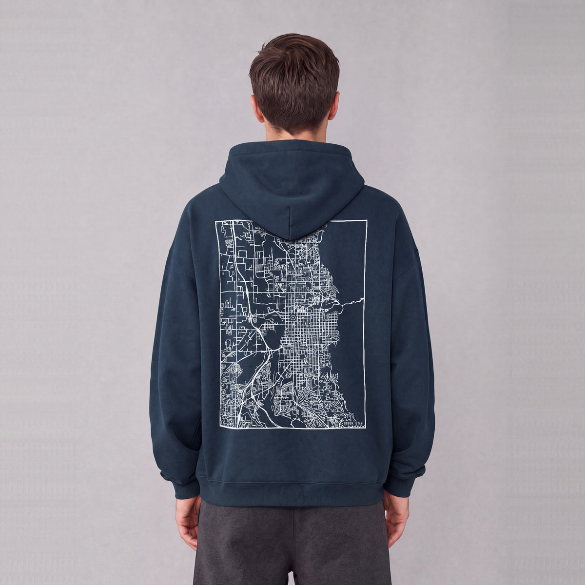 Ogden map hoodie, back print on model - Navy Blue