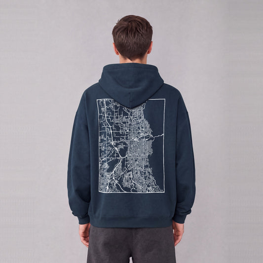 Ogden map hoodie, back print on model - Navy Blue