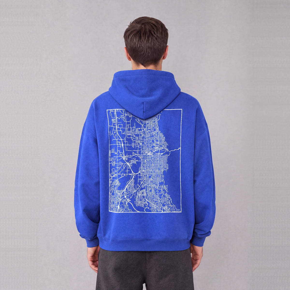 Ogden map hoodie, back print on model - Royal Blue