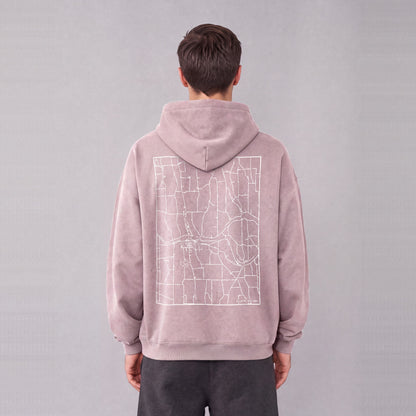 Palmyra map hoodie, back print on model - Mauve