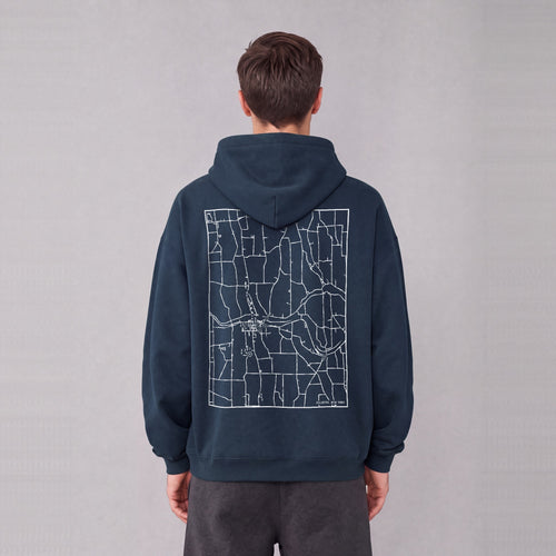Palmyra map hoodie, back print on model - Navy Blue