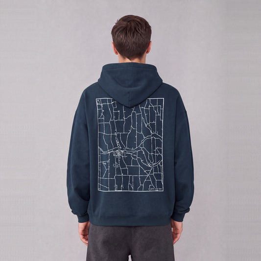 Palmyra map hoodie, back print on model - Navy Blue