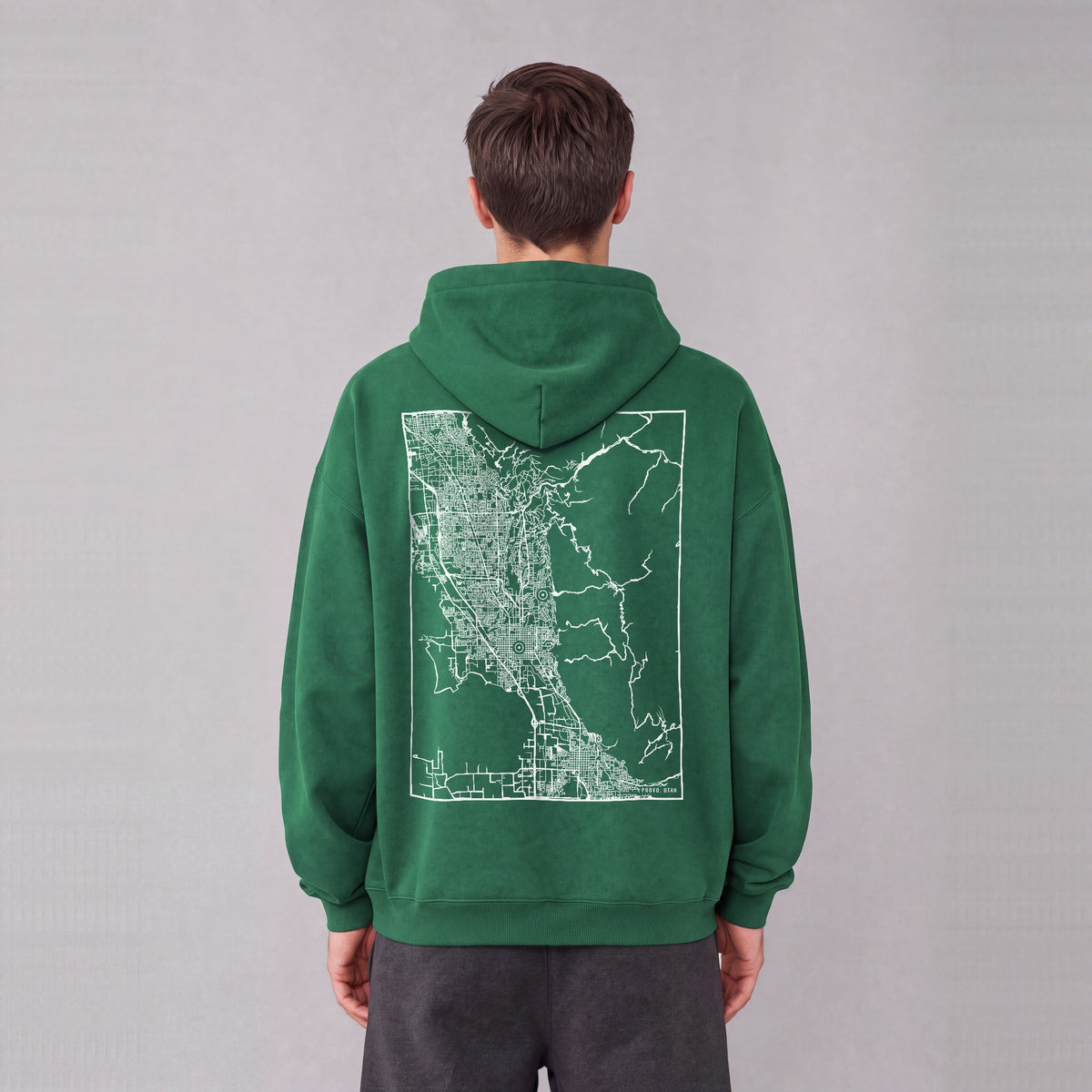 Provo map hoodie, back print on model - Eden Green