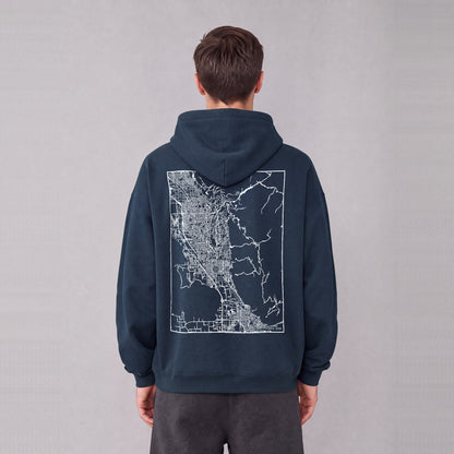 Provo map hoodie, back print on model - Navy Blue