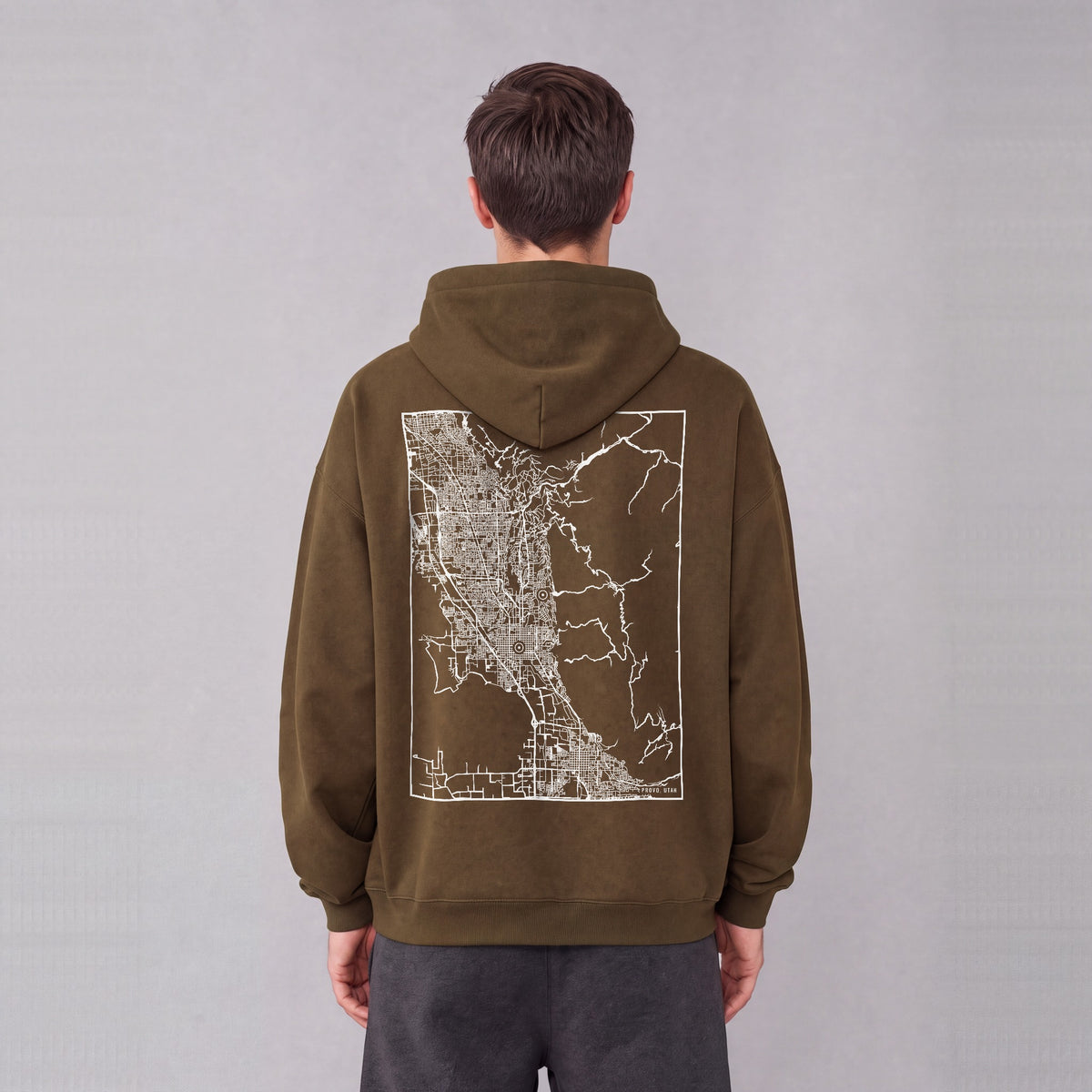 Provo map hoodie, back print on model - Coffee