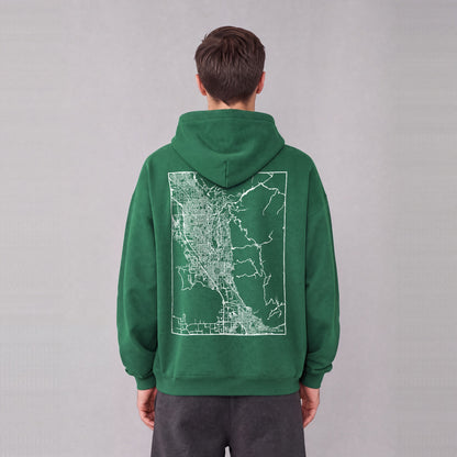 Provo map hoodie, back print on model - Eden Green
