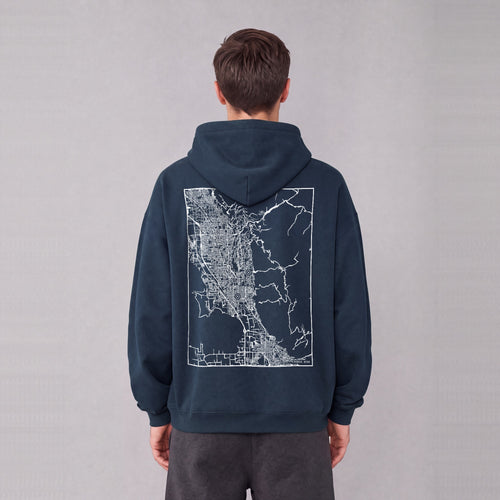 Provo map hoodie, back print on model - Navy Blue