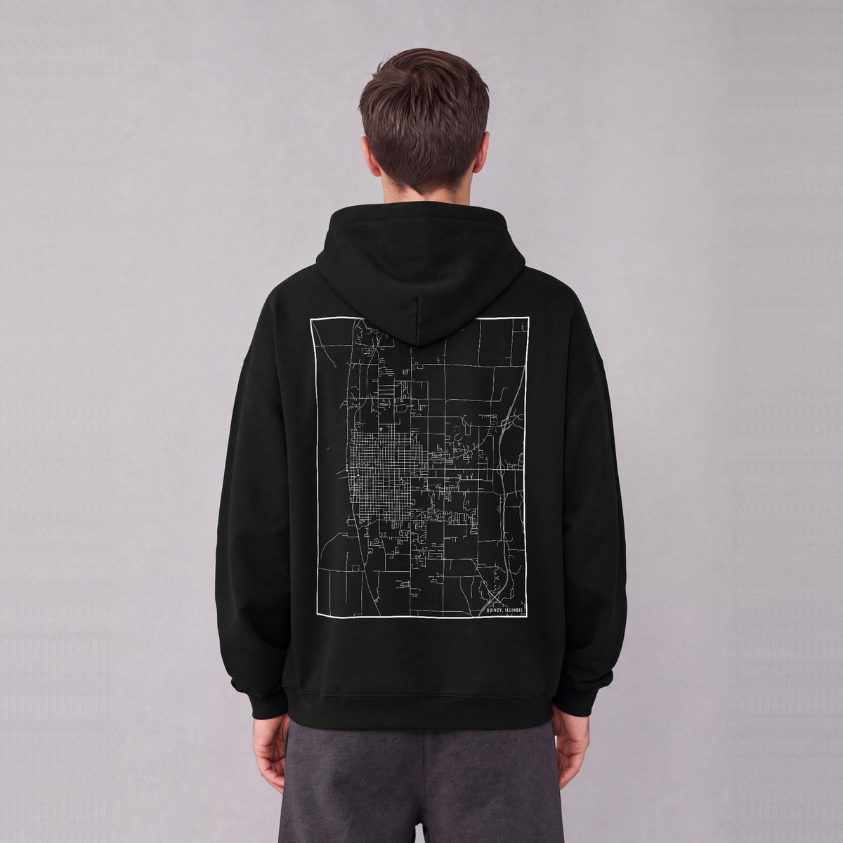 Quincy map hoodie, back print on model - Black