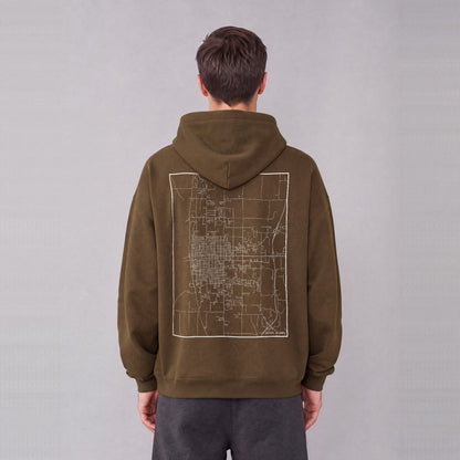 Quincy map hoodie, back print on model - Coffee