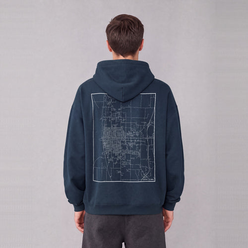 Quincy map hoodie, back print on model - Navy Blue