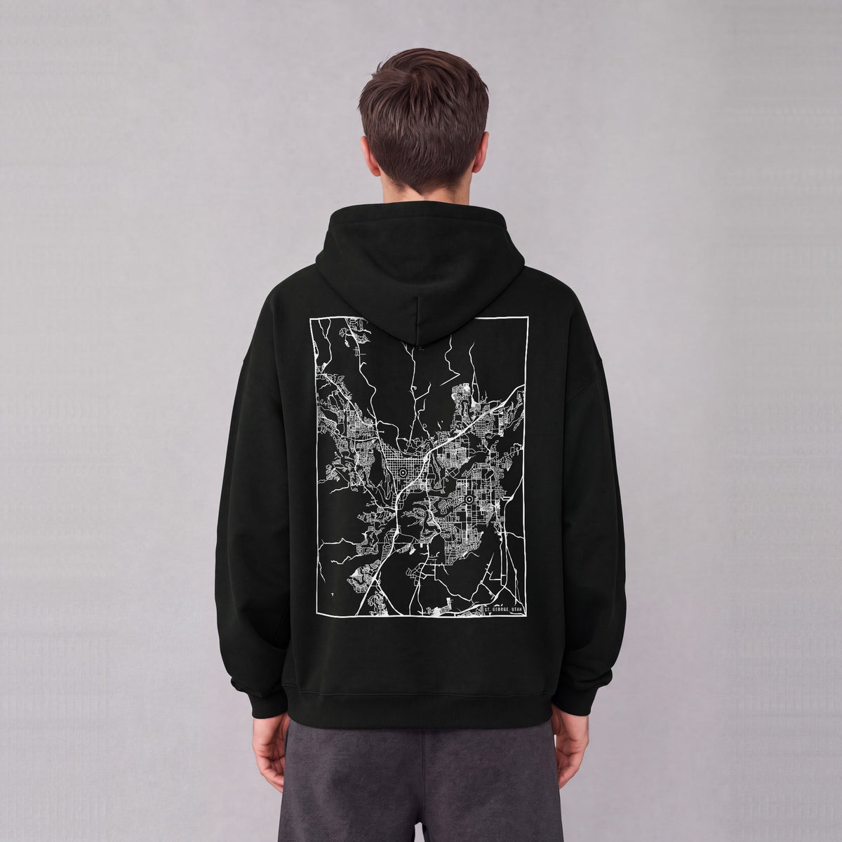 St. George map hoodie, back print on model - Black