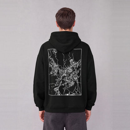 St. George map hoodie, back print on model - Black