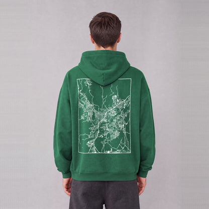St. George map hoodie, back print on model - Eden Green