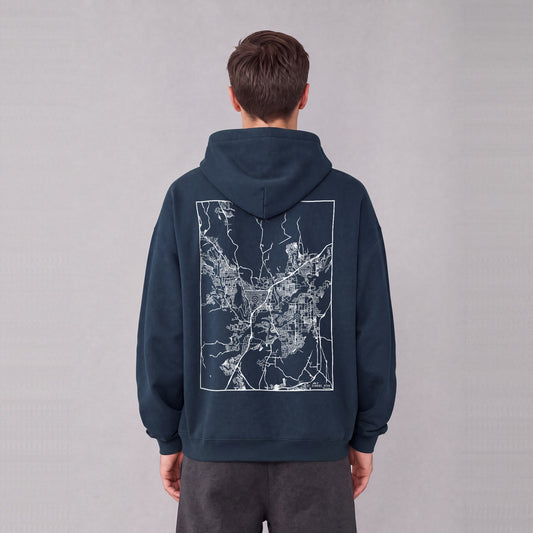 St. George map hoodie, back print on model - Navy Blue