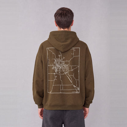Richmond map hoodie, back print on model - Coffee