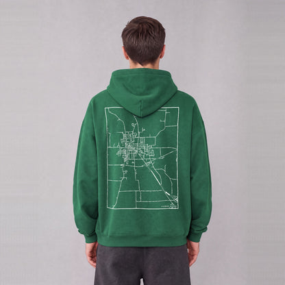 Richmond map hoodie, back print on model - Eden Green