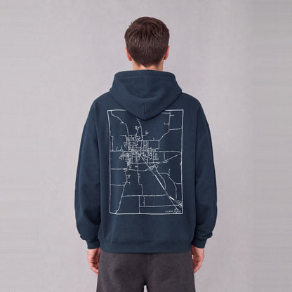 Richmond map hoodie, back print on model - Navy Blue