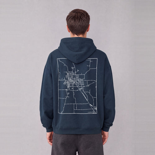 Richmond map hoodie, back print on model - Navy Blue