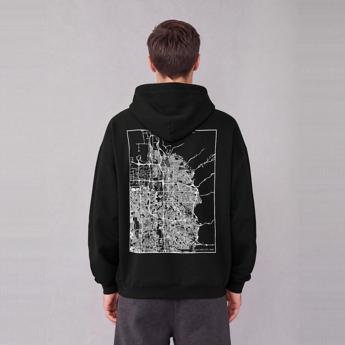 Salt Lake City map hoodie, back print on model - Black