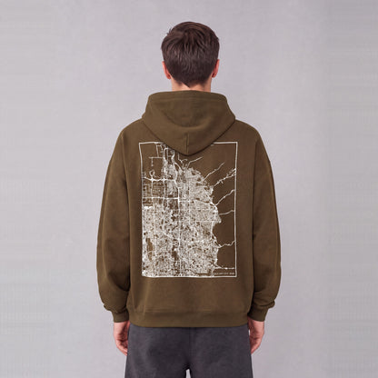 Salt Lake City map hoodie, back print on model - Coffee