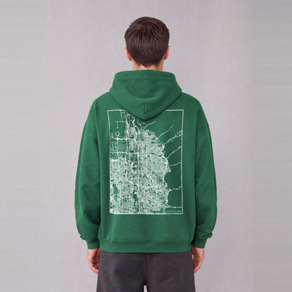 Salt Lake City map hoodie, back print on model - Eden Green
