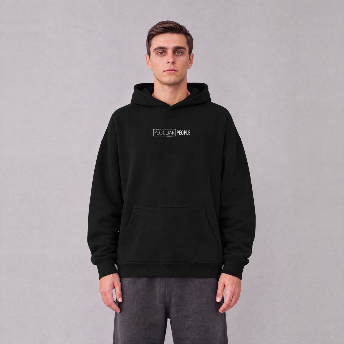 Salt Lake City map hoodie, front logo on model - Black