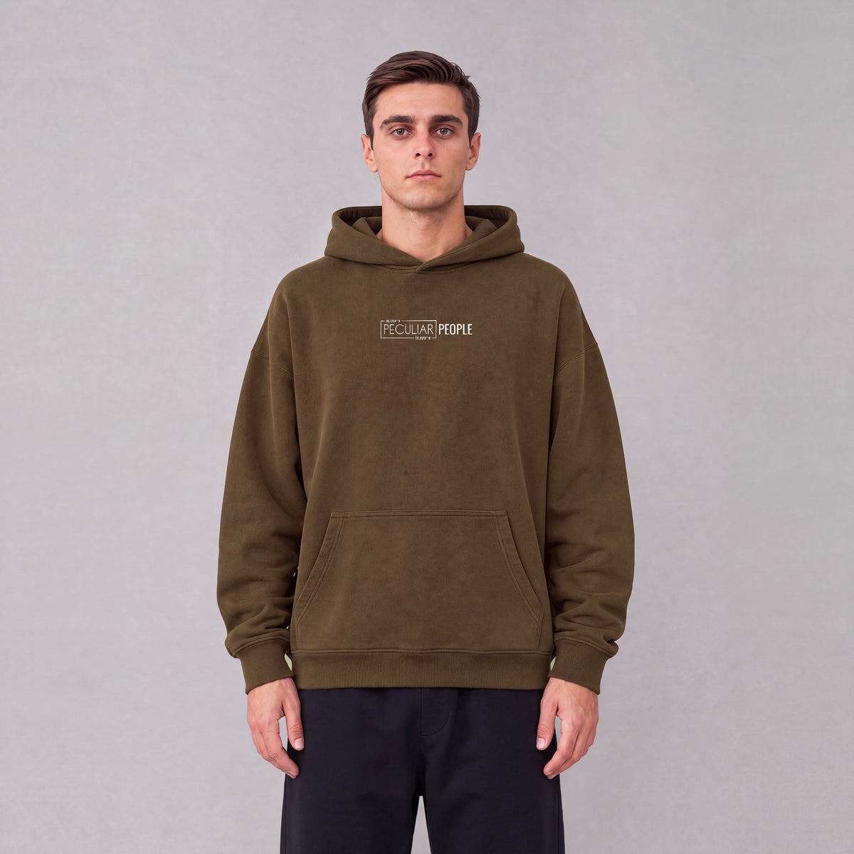 Salt Lake City map hoodie, front logo on model - Coffee