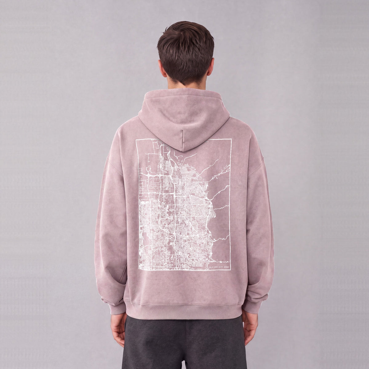 Salt Lake City map hoodie, back print on model - Mauve