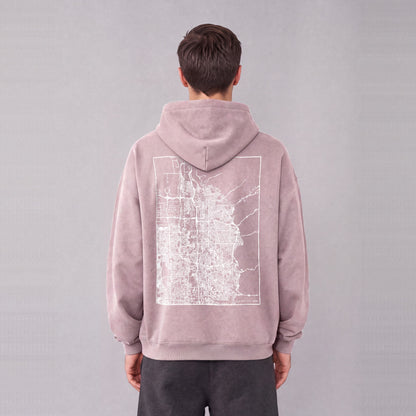 Salt Lake City map hoodie, back print on model - Mauve
