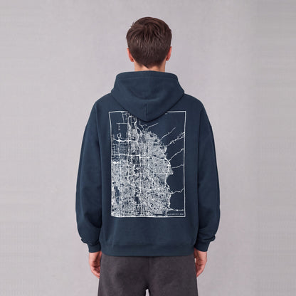 Salt Lake City map hoodie, back print on model - Navy Blue