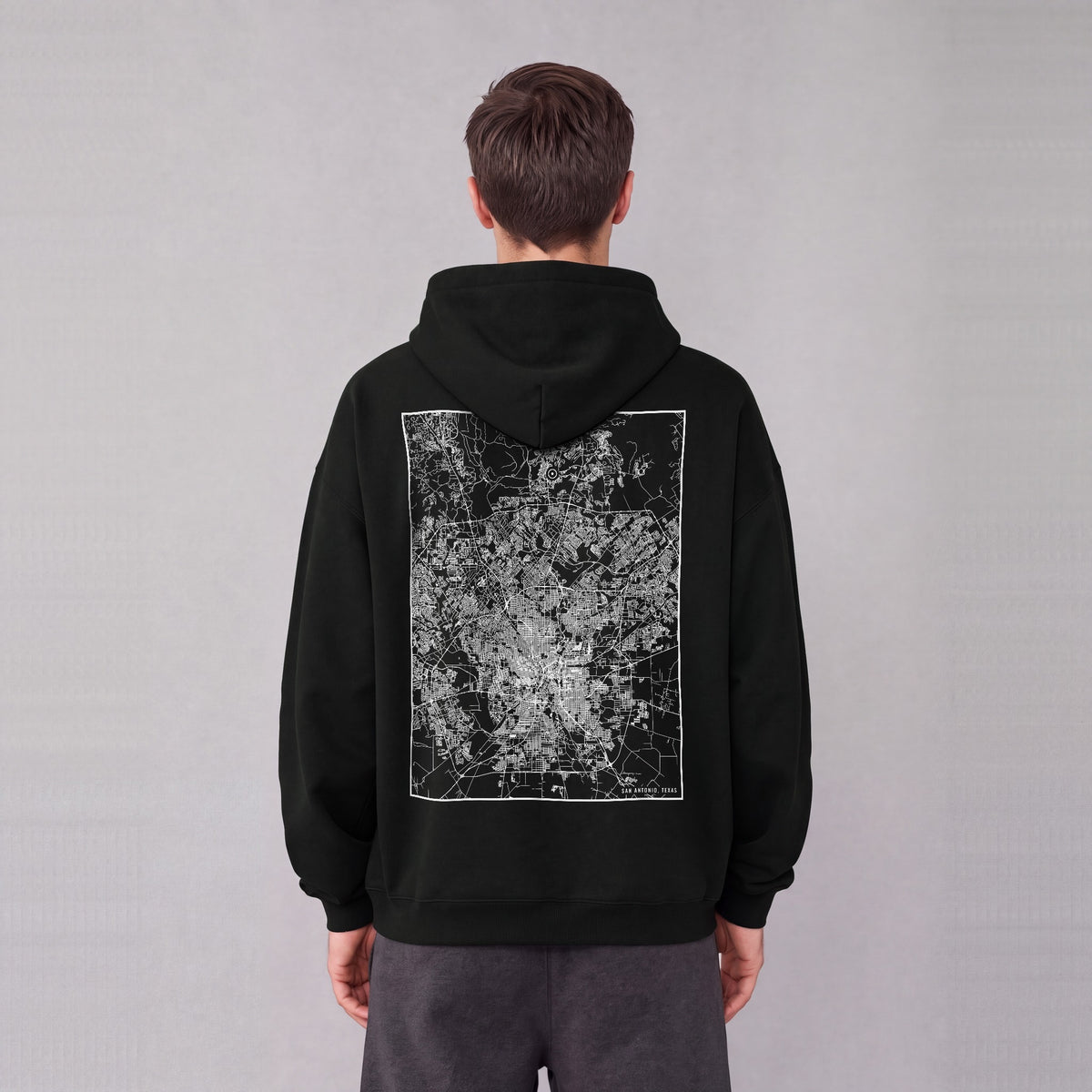 San Antonio map hoodie, back print on model - Black