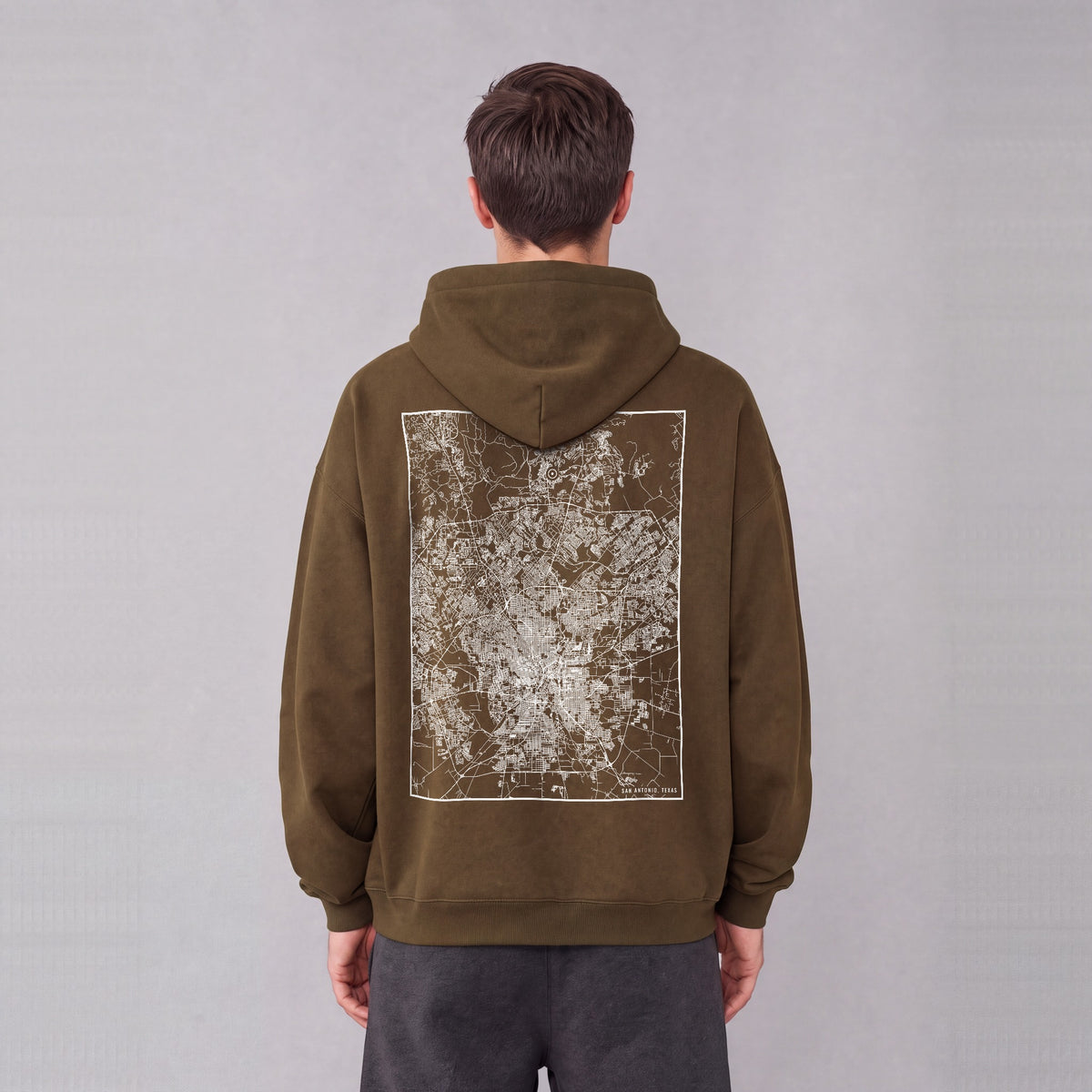 San Antonio map hoodie, back print on model - Coffee