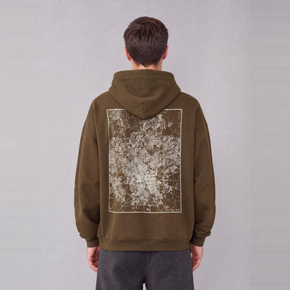 San Antonio map hoodie, back print on model - Coffee