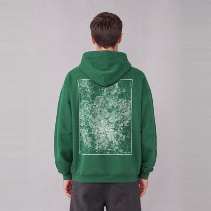 San Antonio map hoodie, back print on model - Eden Green