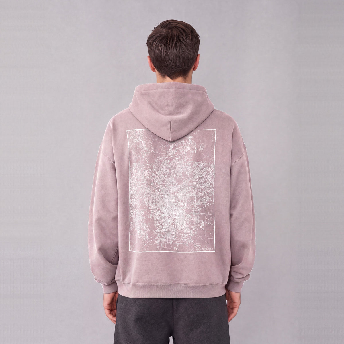 San Antonio map hoodie, back print on model - Mauve