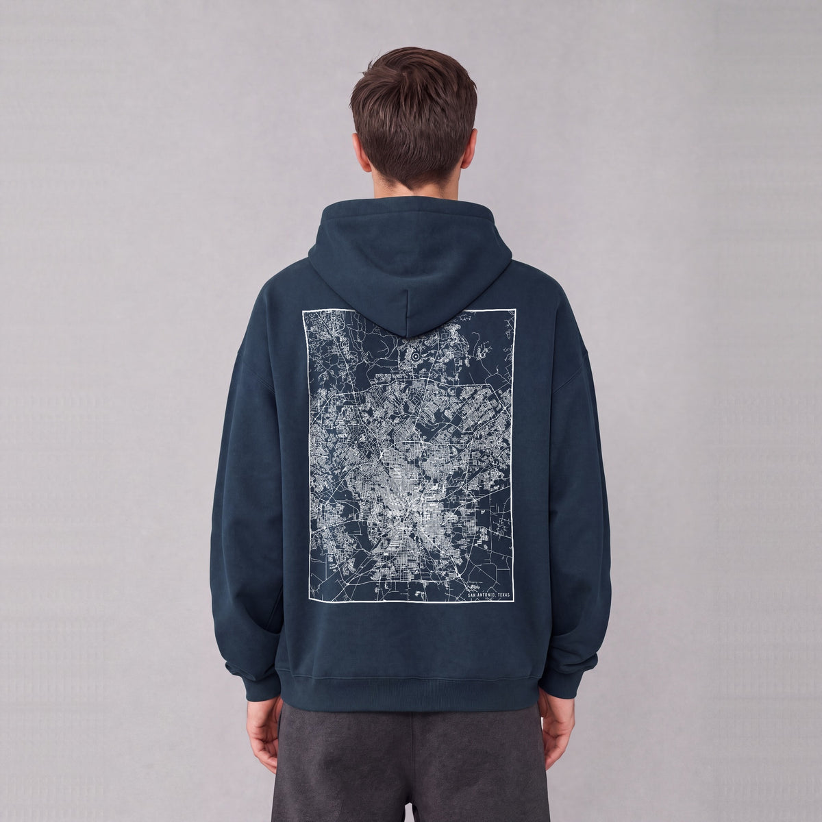 San Antonio map hoodie, back print on model - Navy Blue