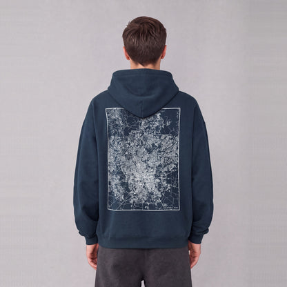 San Antonio map hoodie, back print on model - Navy Blue
